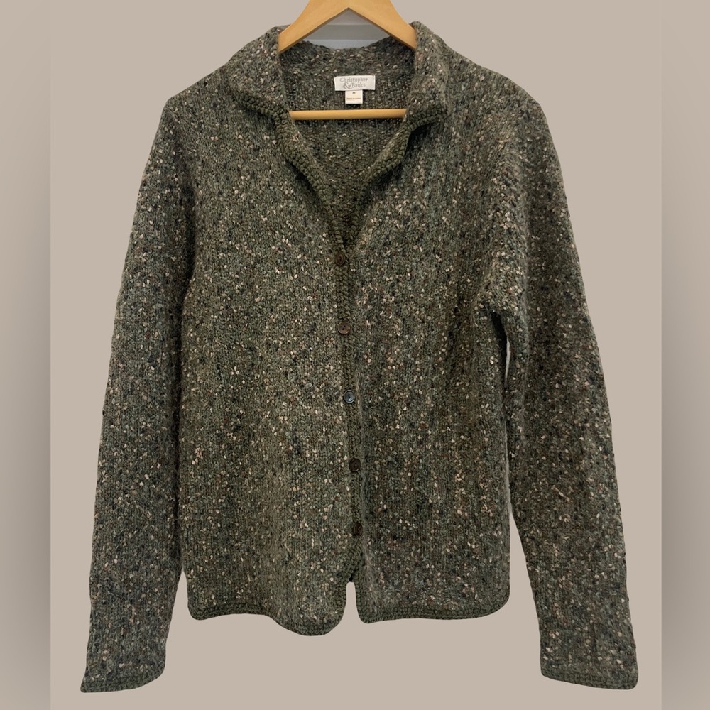Christopher & Banks Size M Hand Crochet Mohair Wool Green Cardigan Sweater Women